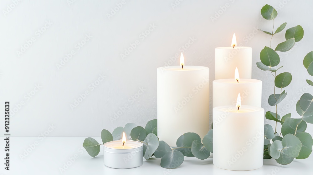 A serene arrangement of white candles surrounded by eucalyptus leaves, perfect for creating a calming atmosphere. A serene arrangement of white candles surrounded by eucalyptus leaves, perfect for creating a calming atmosphere.