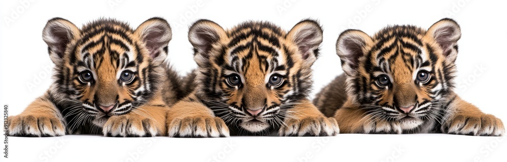 Standing, portrait and lying tiger cubs, baby animals bundled together on a transparent background Standing, portrait and lying tiger cubs, baby animals bundled together on a transparent background