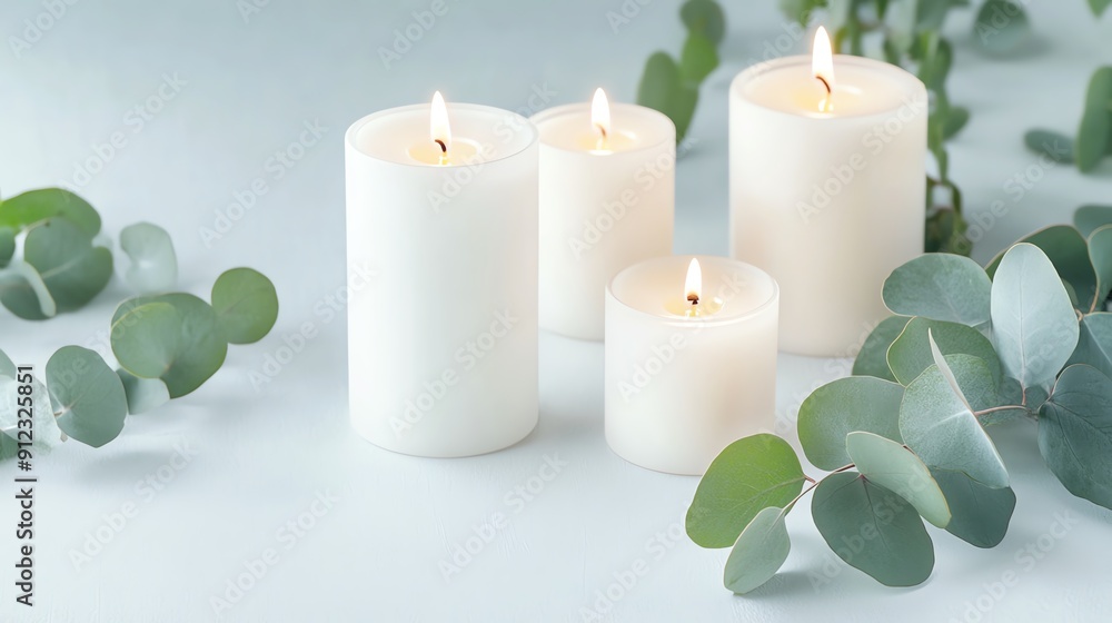 Four white candles with lit flames, surrounded by fresh eucalyptus leaves, creating a serene and calming atmosphere. Four white candles with lit flames, surrounded by fresh eucalyptus leaves, creating a serene and calming atmosphere.