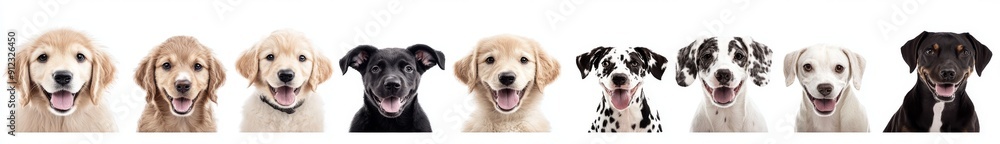 Close up portraits of cute happy dogs, including black labradors, labradors, corgies, australien shepherds, golden retrievers, dalmatiners, and german shepherds, isolated on white. Close up portraits of cute happy dogs, including black labradors, labradors, corgies, australien shepherds, golden retrievers, dalmatiners, and german shepherds, isolated on white.