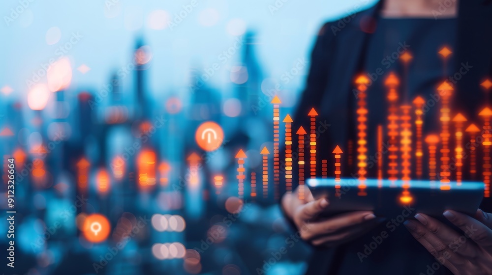 businesswoman using tablet with upward arrow chart, growth success, financial strategy, city skyline background, digital technology. businesswoman using tablet with upward arrow chart, growth success, financial strategy, city skyline background, digital technology.
