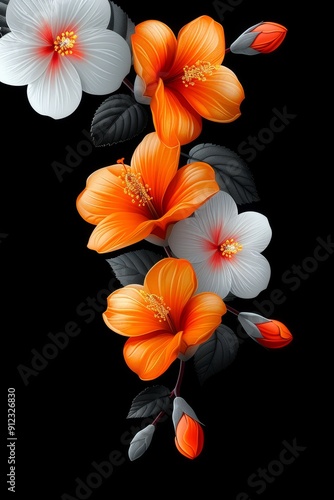 Three Orange and White Flowers on Black Background