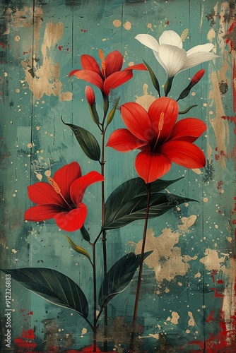 Elegant Red and White Flowers on Blue Background