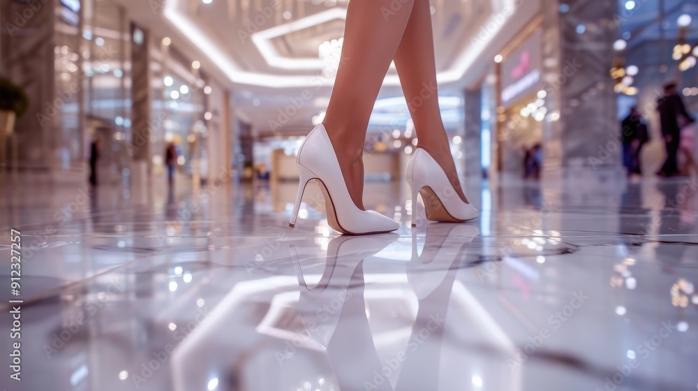 A woman walks gracefully in white high heels through an upscale mall, reflecting lights on polished floors A woman walks gracefully in white high heels through an upscale mall, reflecting lights on polished floors