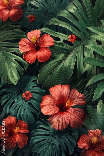 Wallpaper Mural Red Flowers and Green Leaves Painting Torontodigital.ca