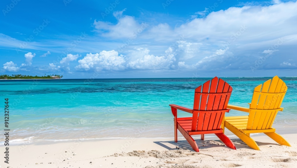 Two Brightly Colored Beach Chairs Facing the Ocean on a Sunny Day Two Brightly Colored Beach Chairs Facing the Ocean on a Sunny Day
