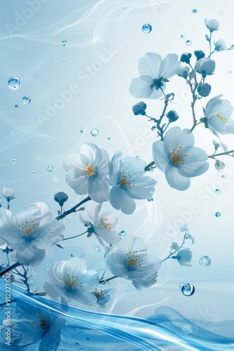 White Flowers on Blue Background