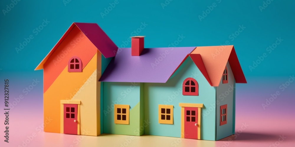 Colorful Paper Toy House with Rainbow Effect on Turquoise Surfac Colorful Paper Toy House with Rainbow Effect on Turquoise Surfac