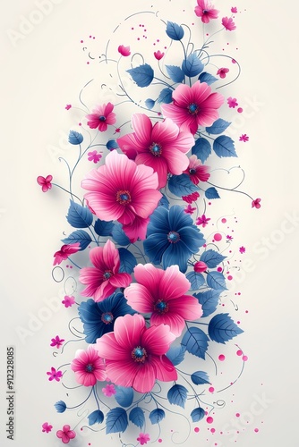 Pink and Blue Flowers Painting on White Background