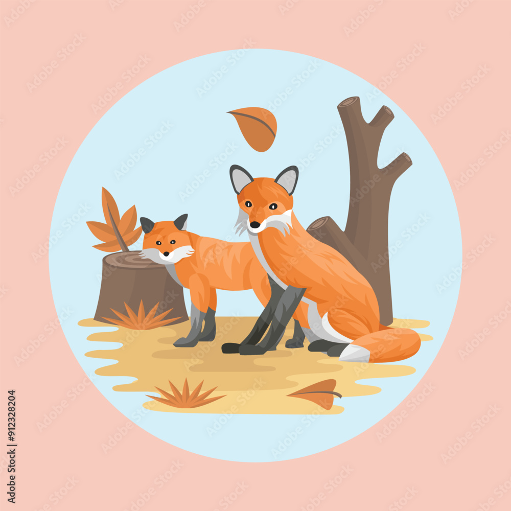 Fototapeta premium Orange Fox Animal Couple Flat Vector Colorful with Autumn Nature Background Elements