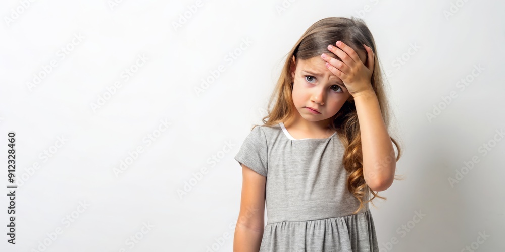 Young girl with innocent features and worried expression stands against a clean white backdrop, clutching her forehead in distress, wearing a simple grey dress. Young girl with innocent features and worried expression stands against a clean white backdrop, clutching her forehead in distress, wearing a simple grey dress.