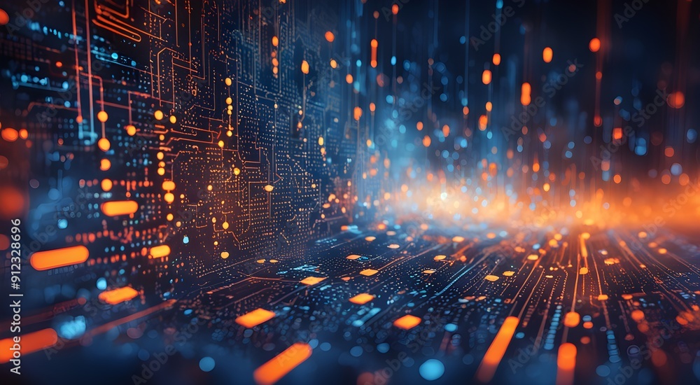 Obraz premium A computer generated image of a cityscape with orange and blue lights