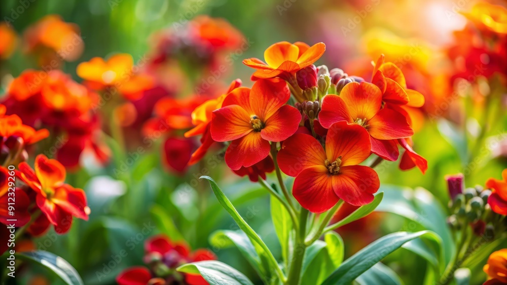 Vibrant orange and red wallflower blooms sway amidst lush green leaves in a sunny spring garden, creating a stunning, soft-focus floral background. Vibrant orange and red wallflower blooms sway amidst lush green leaves in a sunny spring garden, creating a stunning, soft-focus floral background.