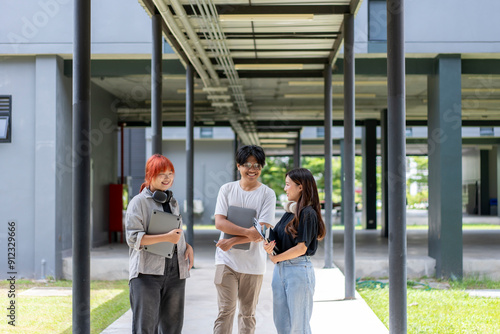 Three people are walking down a hallway, one of them holding a laptop