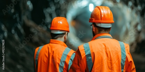 two construction workers in hard hats and safety vests walking through a tunnel during a construction project.