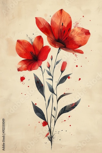Two Red Flowers on Beige Background