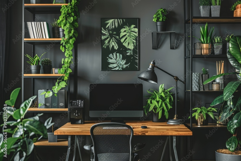 Fototapeta premium Modern Home Office with Greenery and Black Accents