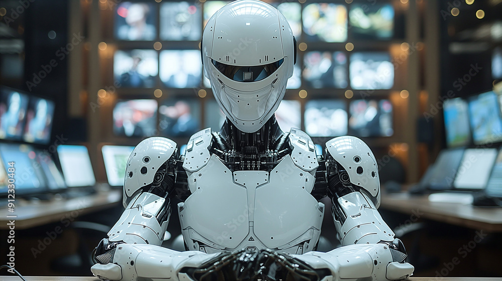 White AI Robot Sitting at Desk in Office Environment During Working Hours. Generative AI White AI Robot Sitting at Desk in Office Environment During Working Hours. Generative AI