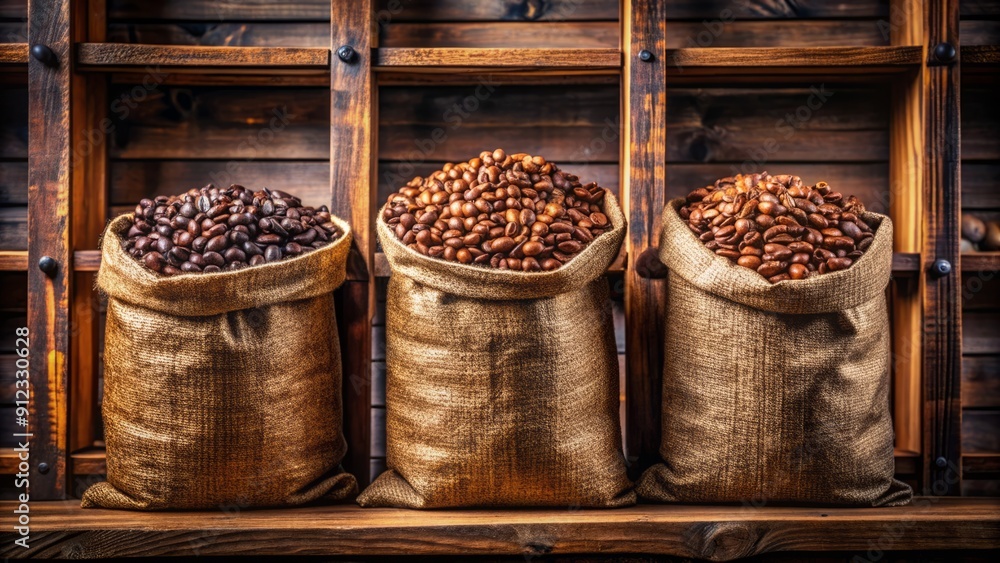 Fototapeta premium Three premium bags of Arabica coffee beans sit neatly on a shelf, showcasing the high-quality product with a rich, bold flavor, perfect for coffee connoisseurs.