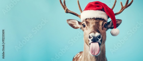 Merry Christmas concept holiday vacation greeting card banner - Funny deer head with santa claus hat costume and tongue stuck out, isolated on blue background