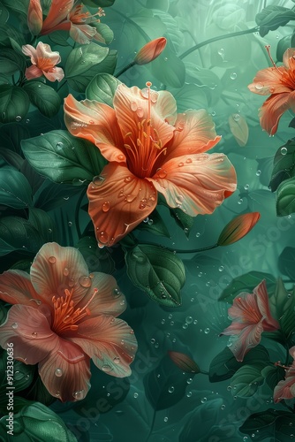 Orange Flowers on Green Background