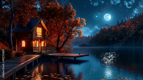 Cozy log cabin illuminated by firelight under a full moon. Seamless looping 4k time-lapse video animation background  photo