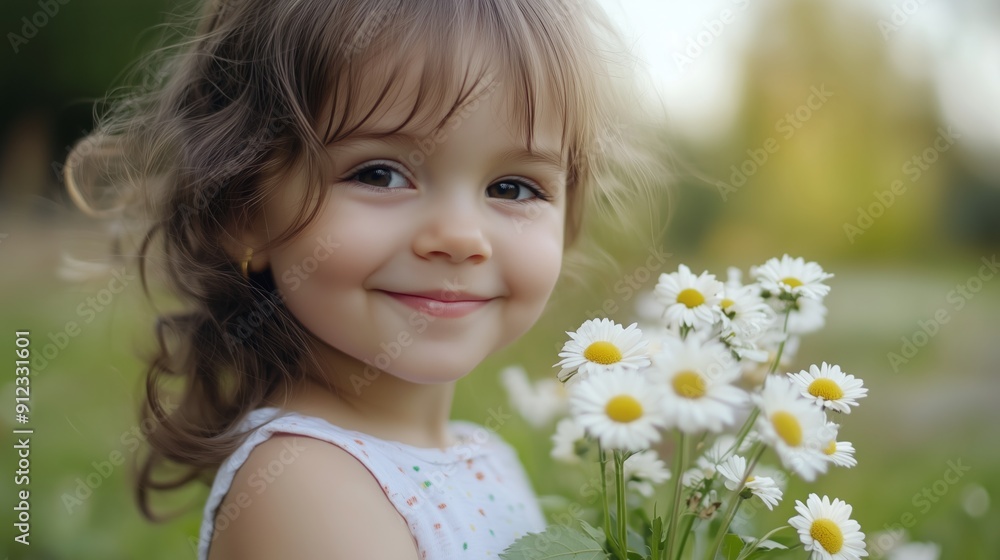 A joyful girl smiles brightly while holding fresh daisies in a sunny garden A joyful girl smiles brightly while holding fresh daisies in a sunny garden