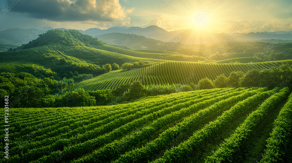 Breathtaking View of Lush Green Grape Farm Under Sunny Skies at Dusk. Generative AI Breathtaking View of Lush Green Grape Farm Under Sunny Skies at Dusk. Generative AI