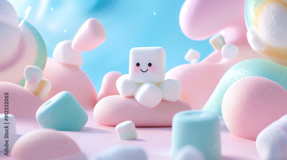 Cute and colorful marshmallow character surrounded by fluffy pastel sweets, evoking joy and nostalgia in a whimsical setting. Cute and colorful marshmallow character surrounded by fluffy pastel sweets, evoking joy and nostalgia in a whimsical setting.