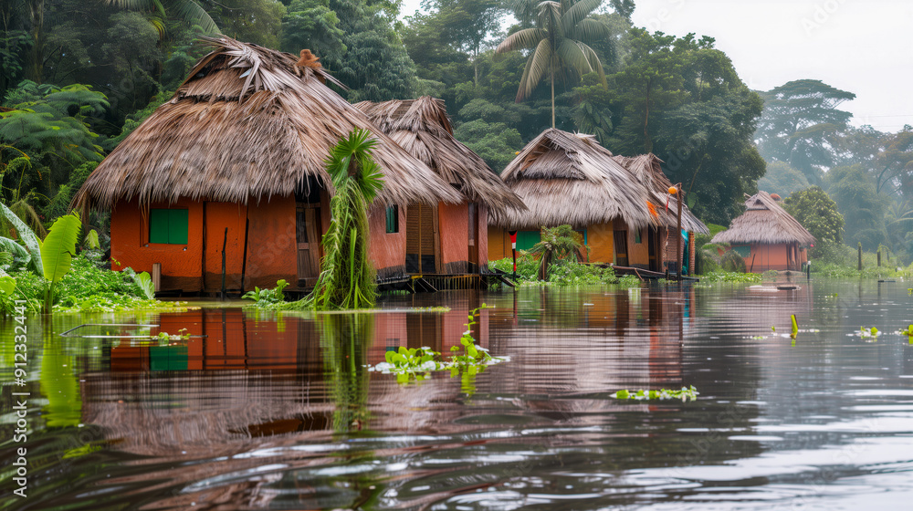 Traditional straw-roofed huts on stilts along a serene river surrounded by lush tropical forest.