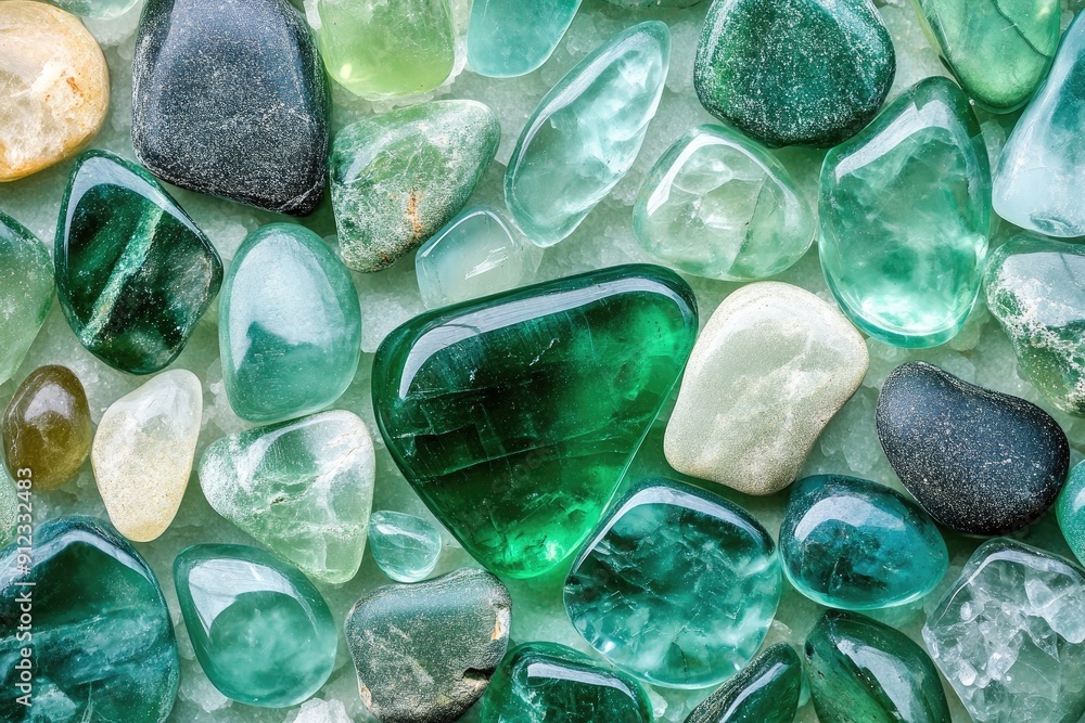 A collection of green gemstones on a table. The stones are of various shapes and sizes, and they appear to be of different types A collection of green gemstones on a table. The stones are of various shapes and sizes, and they appear to be of different types