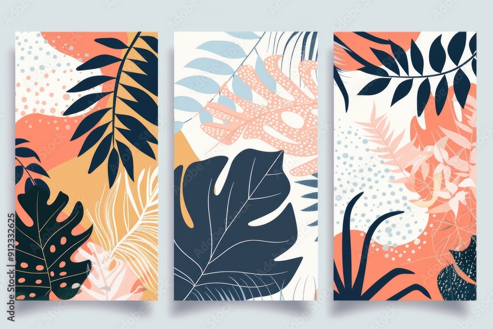 Three colorful banners featuring tropical plants and greenery Three colorful banners featuring tropical plants and greenery