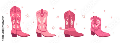 Cowgirl pink boots set. Flat hand drawn vector illustration. Cowboy Western and Wild West concept