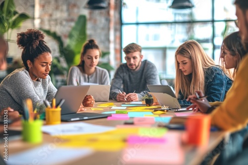 A photograph of a diverse team of professionals brainstorming around a table in a modern office, with sticky notes and laptops in the background,