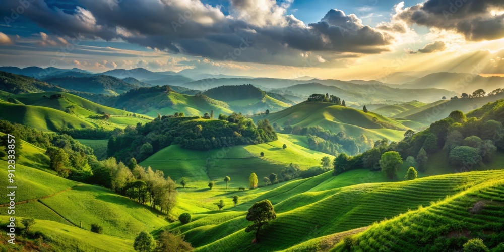 Naklejka premium Serene landscape featuring rolling emerald hills stretching towards horizon, abundant with lush greenery, serving as a vital oxygen source for a healthy planet ecosystem.