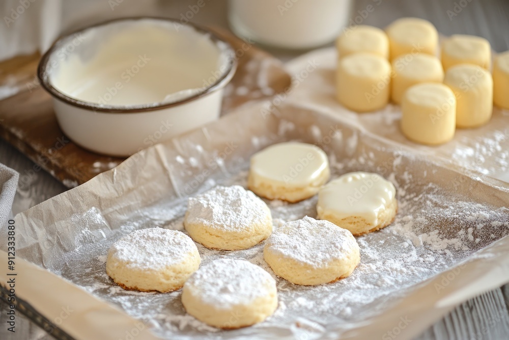 A tray of cookies with powdered sugar on top. The cookies are arranged in a neat row. The tray is placed on a wooden table A tray of cookies with powdered sugar on top. The cookies are arranged in a neat row. The tray is placed on a wooden table