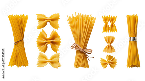 Collection of different italian pasta types, from left to right_ linguine, farfalle, spaghetti,