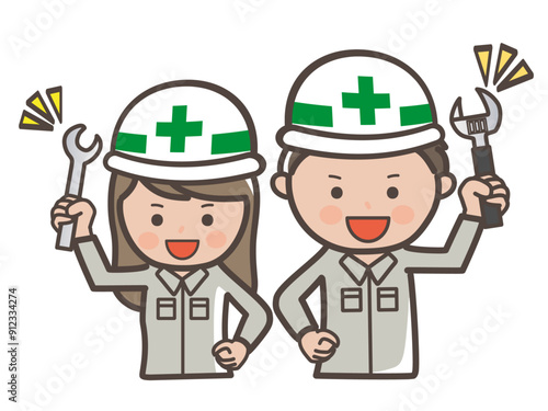 工具を持って頑張るぞ！のポーズの男女建設作業員のイラスト