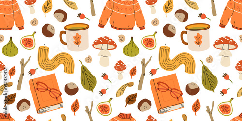 Cute autumn elements, candles, tea cup, pumpkin, warm clothes. Hand drawn fall season seamless pattern, acorns with leaves, mushrooms and berries, cozy doodle sticker vector background