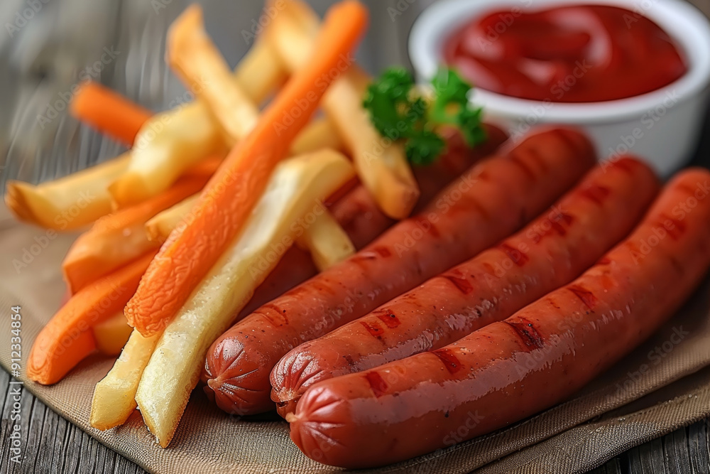 Sausages served with chips, ketchup and parsley on wooden background. Sausages served with chips, ketchup and parsley on wooden background.