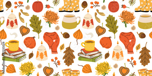 Cute autumn elements, candles, tea cup, pumpkin, warm clothes. Hand drawn fall season seamless pattern, acorns with leaves, mushrooms and berries, cozy doodle sticker vector background