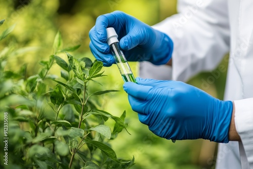 Shot of agroscientists adding chemicals to a small sample plant in a greenhouse to test a new idea - idea for modern farming, biotechnology, research or innovation
