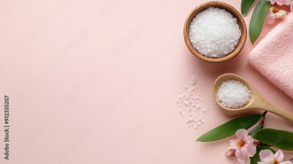 Aesthetically pleasing arrangement of DIY organic skincare materials with rose sea salt and spa components on a pink background. Aesthetically pleasing arrangement of DIY organic skincare materials with rose sea salt and spa components on a pink background.