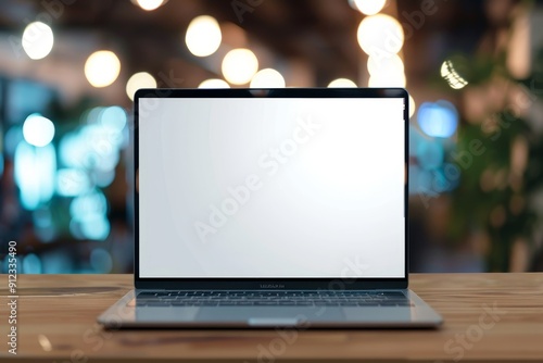 Laptop with Blank Screen on Wooden Table with Blurred Lights in Background