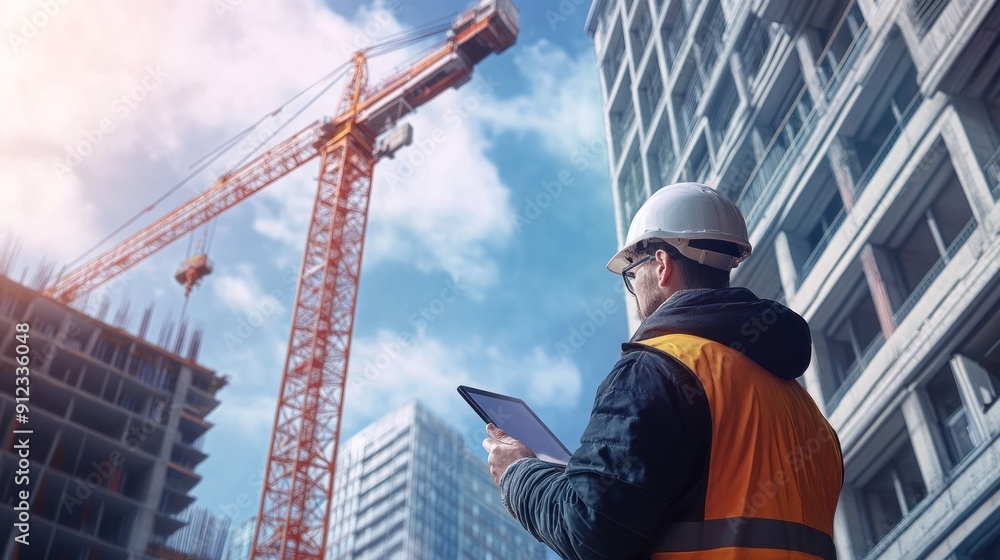 Engineer in hard hat holding tablet watches as crane lifts heavy object in high-rise building Engineer in hard hat holding tablet watches as crane lifts heavy object in high-rise building