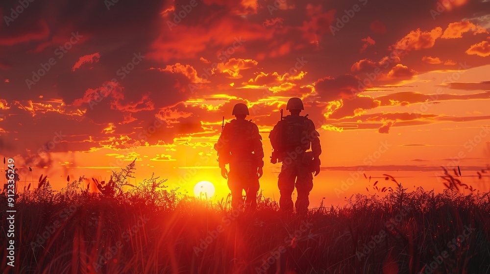 Fototapeta premium The silhouette of the US soldiers on sunset With USA flag copy space, Ai generated