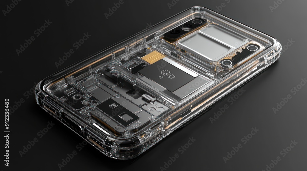 A high-resolution render of a smartphone with a transparent screen showing internal components A high-resolution render of a smartphone with a transparent screen showing internal components
