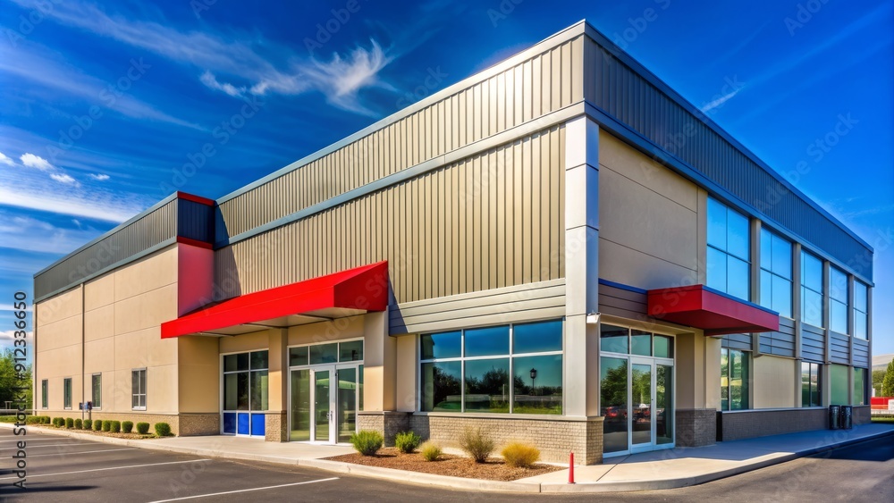Grey building with beige metal panels and vibrant red and blue signage stands out against a bright blue sky on a sunny day in suburban America. Grey building with beige metal panels and vibrant red and blue signage stands out against a bright blue sky on a sunny day in suburban America.