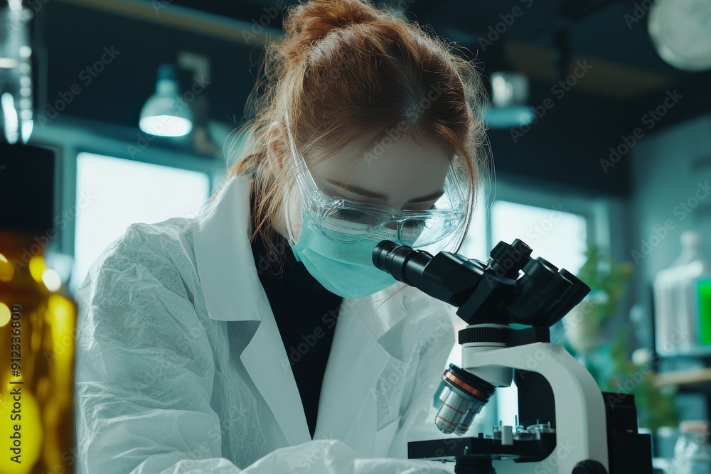 A female lab technician sits next to a microscope and conical flask, wearing protective glasses, gloves, and a face mask A female lab technician sits next to a microscope and conical flask, wearing protective glasses, gloves, and a face mask