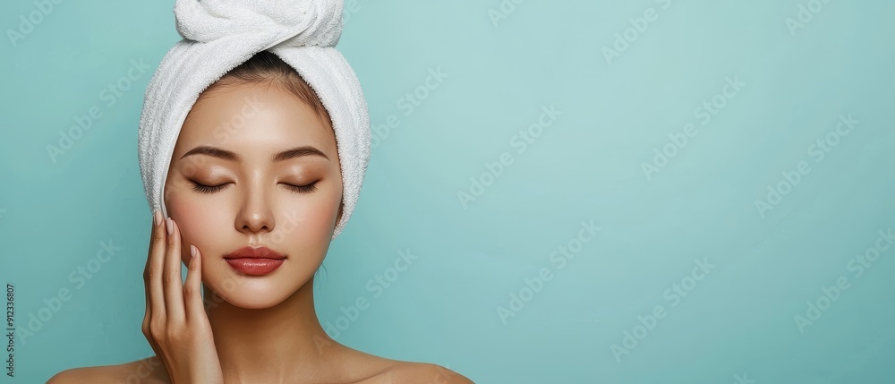 A serene portrait of a woman with a towel on her head, showcasing beauty and relaxation against a soft blue background. A serene portrait of a woman with a towel on her head, showcasing beauty and relaxation against a soft blue background.